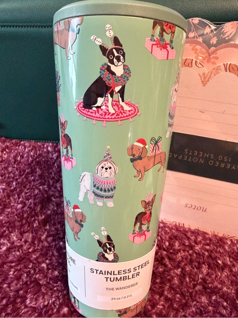 Mint Green Stainless Steel Tumbler with holiday  Dog Print - Multi breeds! 24oz